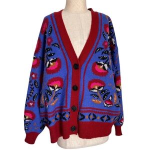 Farm Rio Knit Wool Blend Cardigan Palms Paradise Teal Floral Print Sweater S
